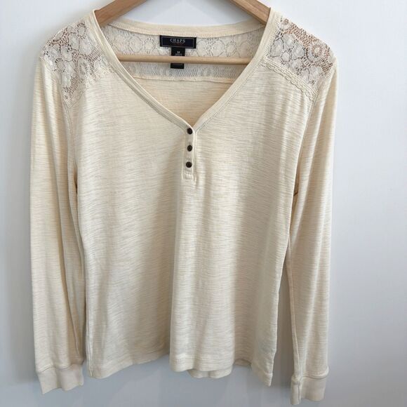 Chaps Tops - Chaps Womens M Henley Shirt Ivory Lace Trim Western Boho Soft Girl Cottage Rodeo